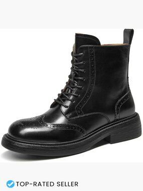 Women's Leather Combat Boots Chunky Low Heel Lace-Up Ankle Booties Side Zipper
